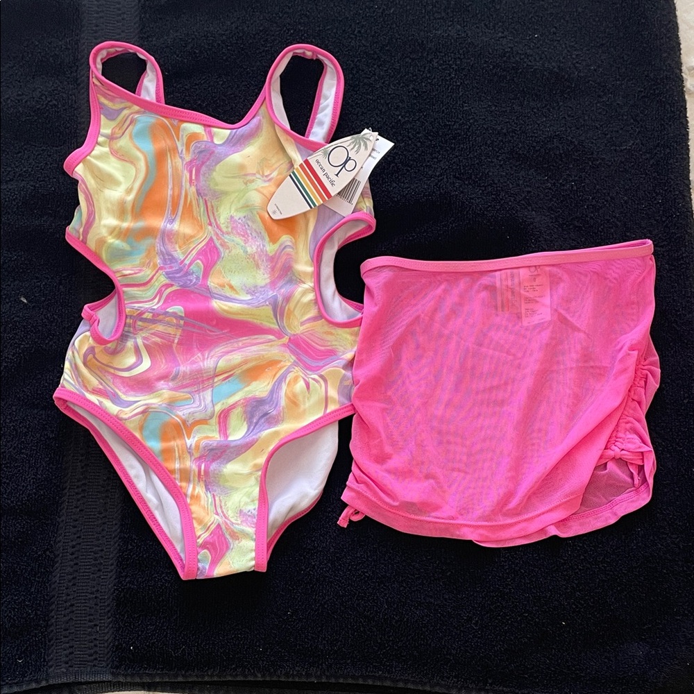 OP Kids One Piece Swimsuit with skirt cover up Pink and Yellow Swirl nwt